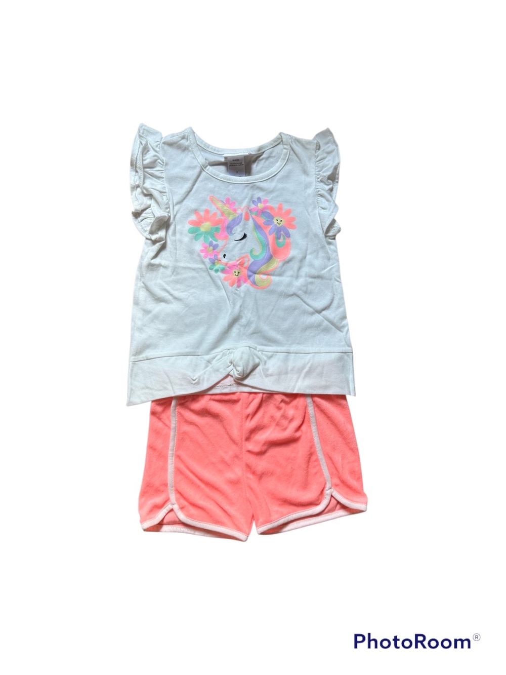 Little Lass White Unicorn Top & Coral Shorts Set